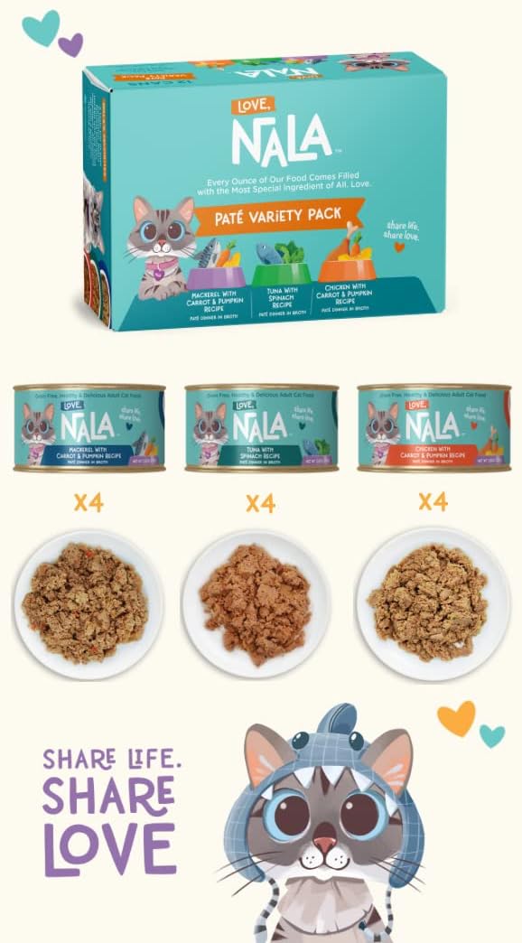 LOVE, NALA - Natural Adult Cat Wet Food - Pate Variety Pack - Tuna, Chicken, Mackerel - Grain Free, Non-GMO, Fiber Blend, Minerals, Vitamins - 12 Pack 2.1 lbs. - Image 4