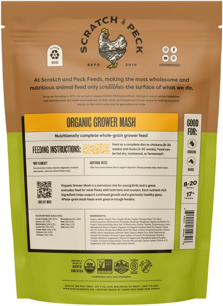 Scratch and Peck Whole Grain Grower Mash Chicken and Duck Feed - 10 lbs Bag - Corn-Free and Soy-Free - 17% Protein, Certified Organic and Non-GMO Project Verified Chicken Food - Image 3