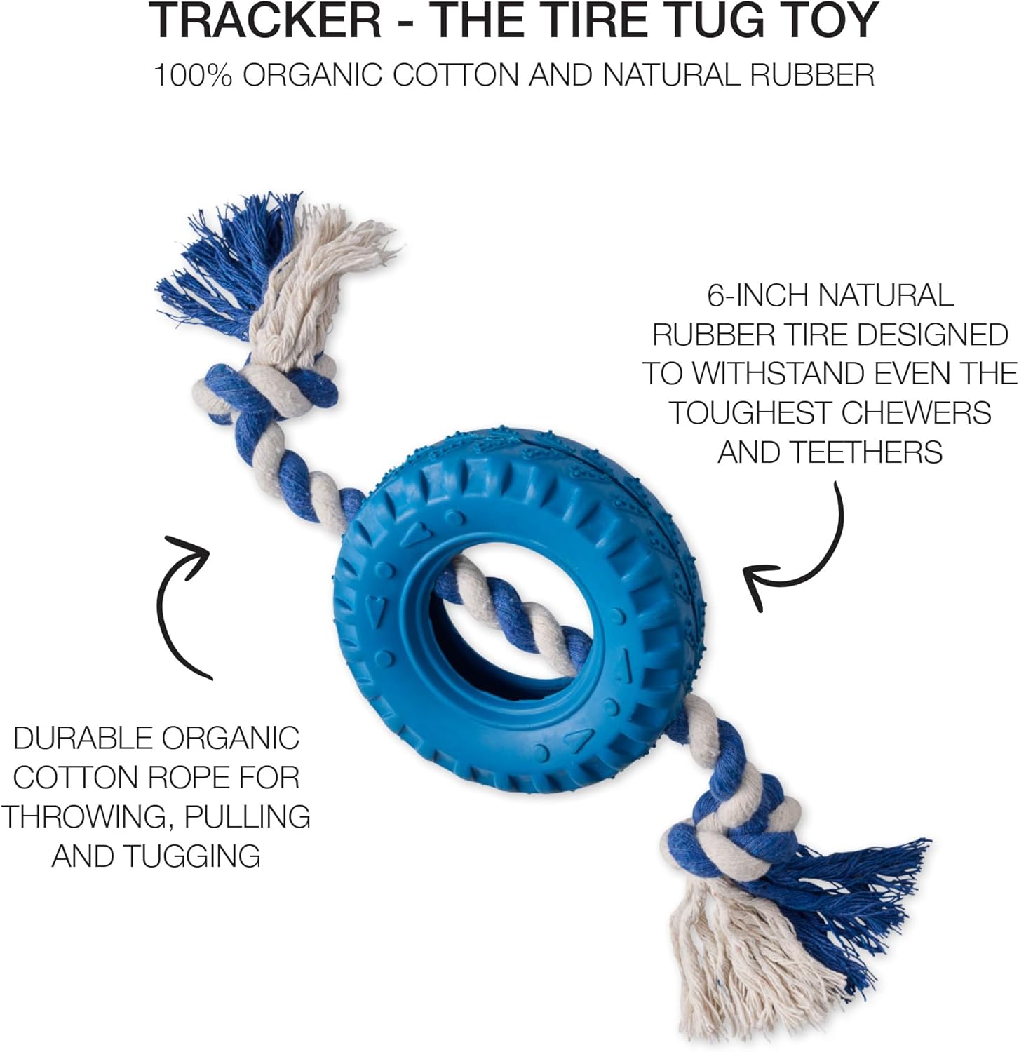 Natural Rubber Tire and Organic Cotton Rope Pull and Chew Dog Toy for All Pet Breeds, Blue, One Size - Image 3