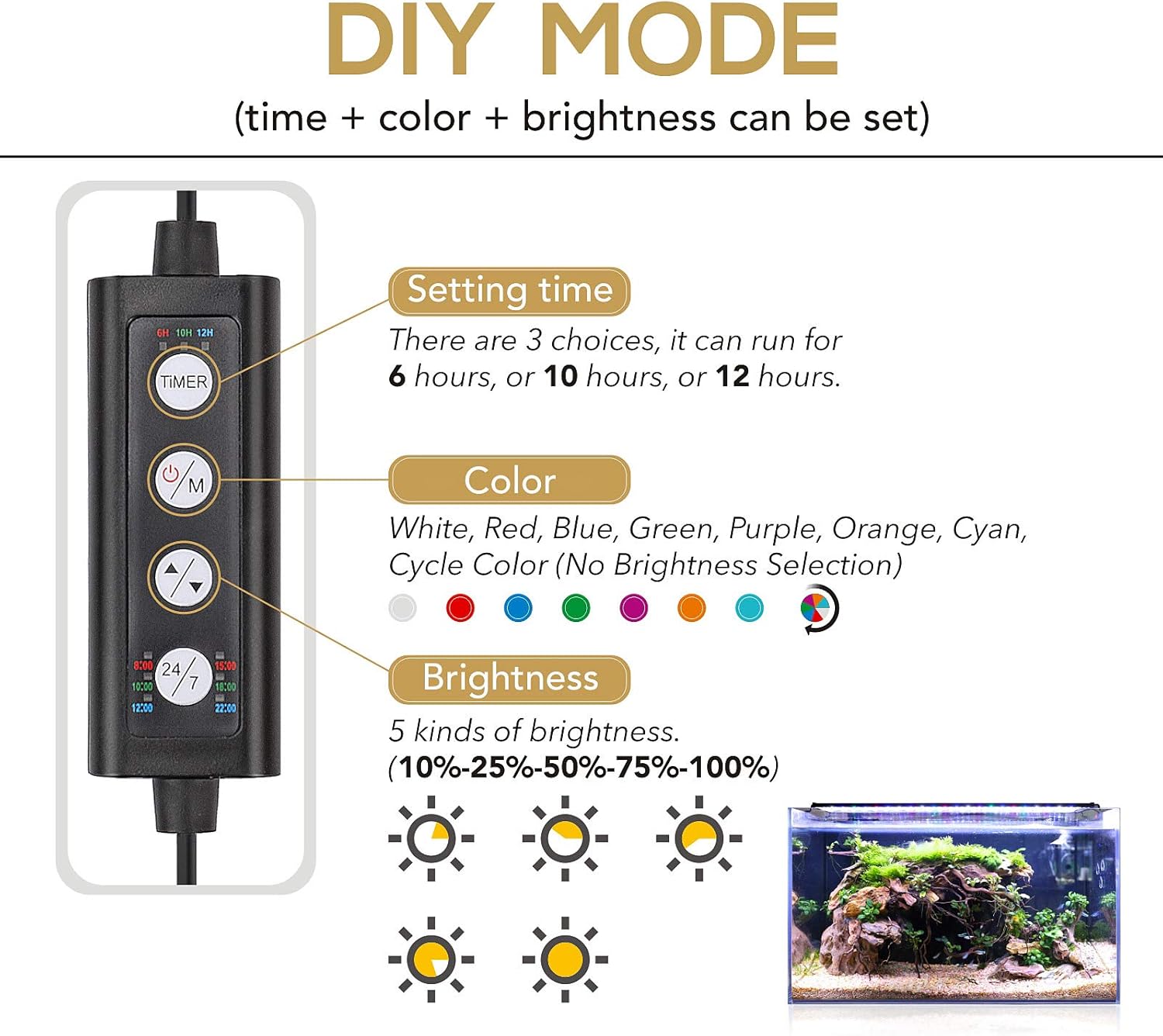 hygger 26W 24/7 Lighting Aquarium LED Light, Sunrise-Daylight-Moonlight Mode and DIY Mode, Adjustable Timer Adjustable Brightness Fish Tank Light with Extendable Bracket 7 Colors for Planted Tank - Image 3
