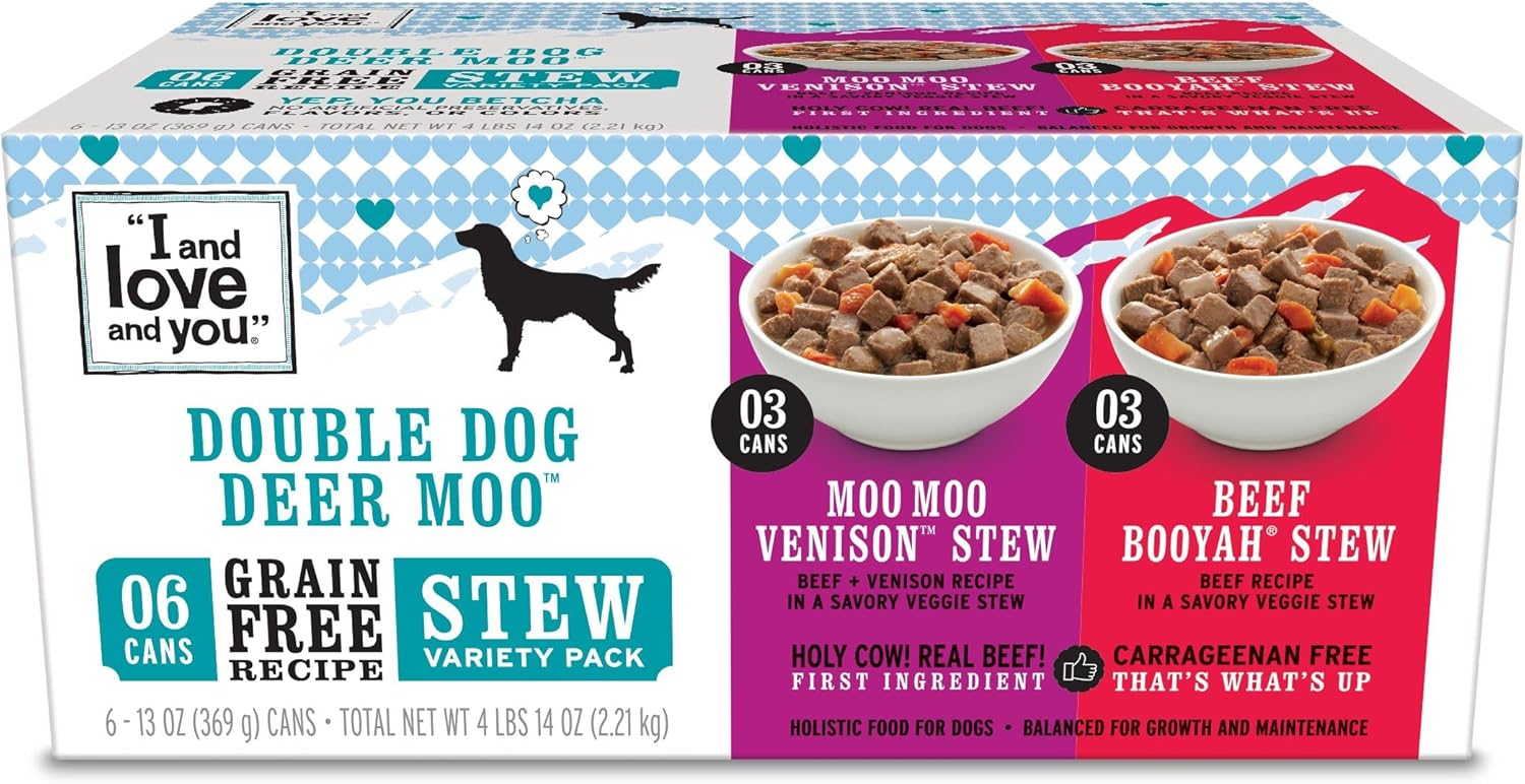 I AND LOVE AND YOU Wet Dog Food - Double Dog Deer Moo Variety Pack - Beef + Venison, Grain Free, Filler Free 13oz can, 6pk - Image 2